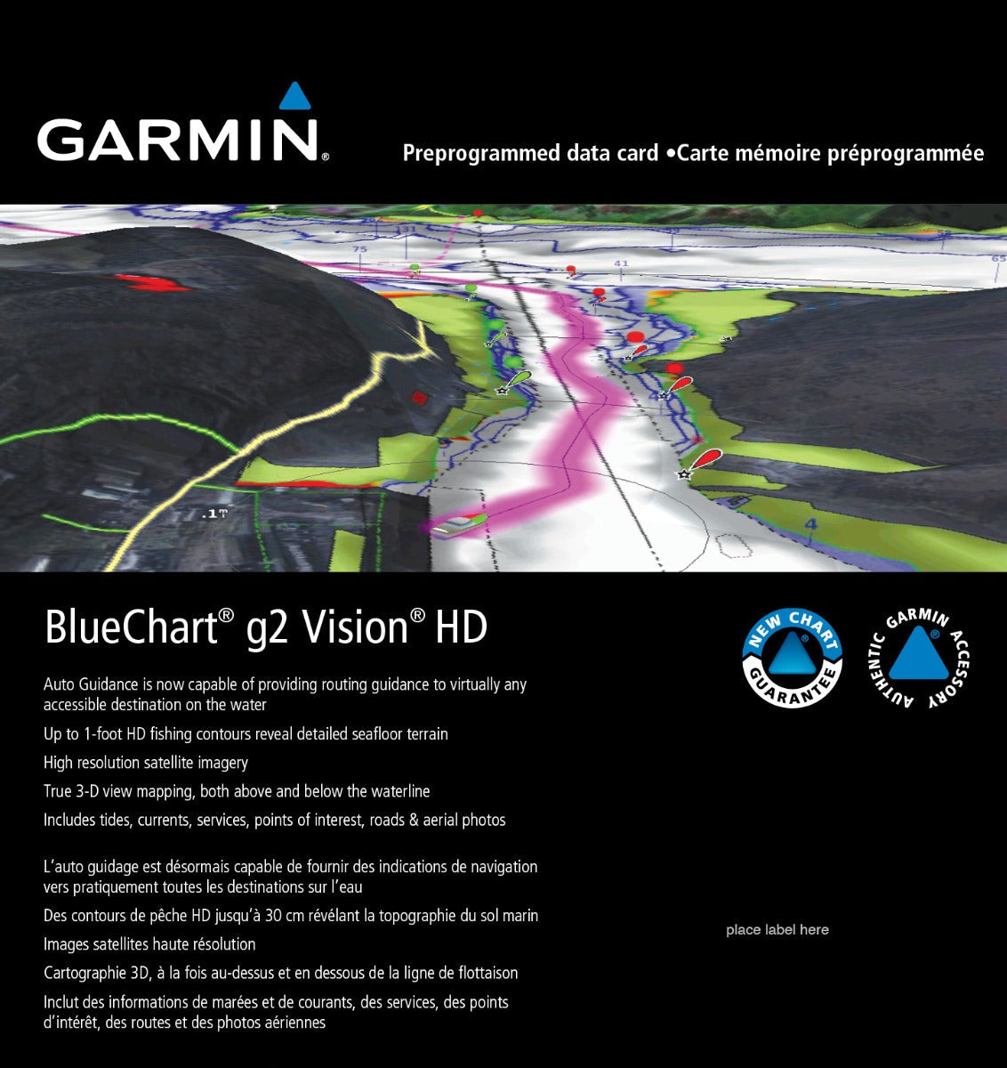 Garmin BlueChart g2 Vision HD microSD data card packaging with map imagery and Garmin logos