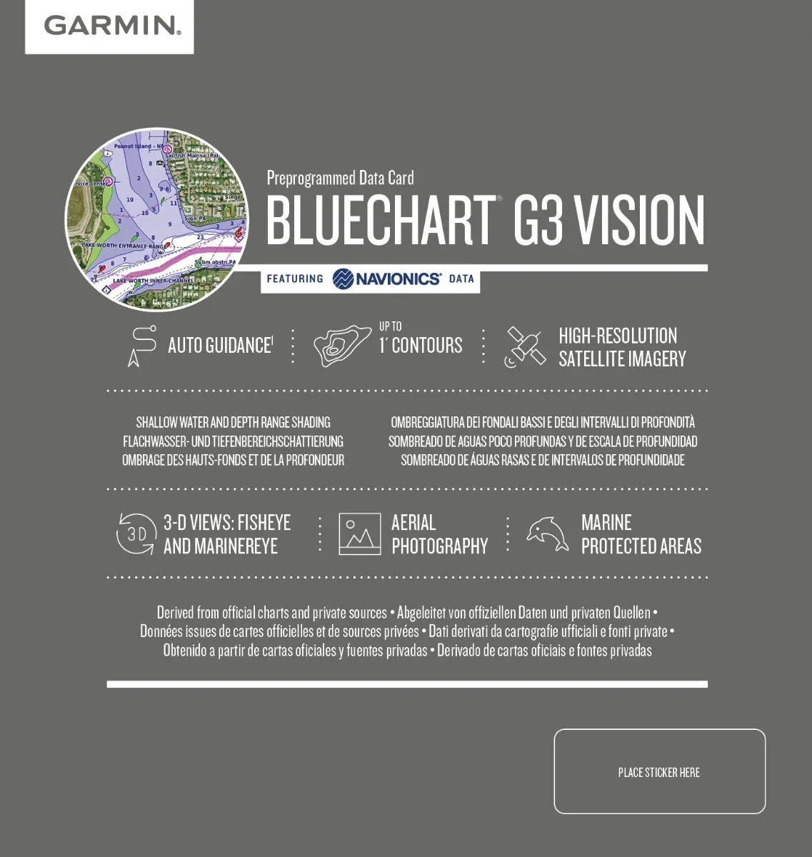 Garmin BlueChart g3 Vision preprogrammed data card packaging in gray with Navionics data microSD/SD