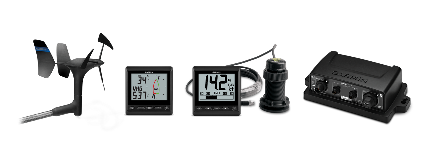 Garmin GNX Wired Sail Pack with wind sensor, two displays, cabling, and hub