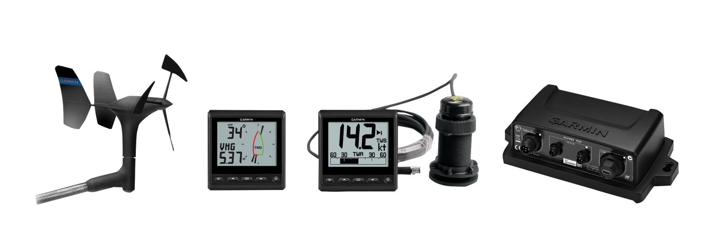 Garmin GNX Wind system with wind sensor, dual Garmin displays, and GND 10 hub