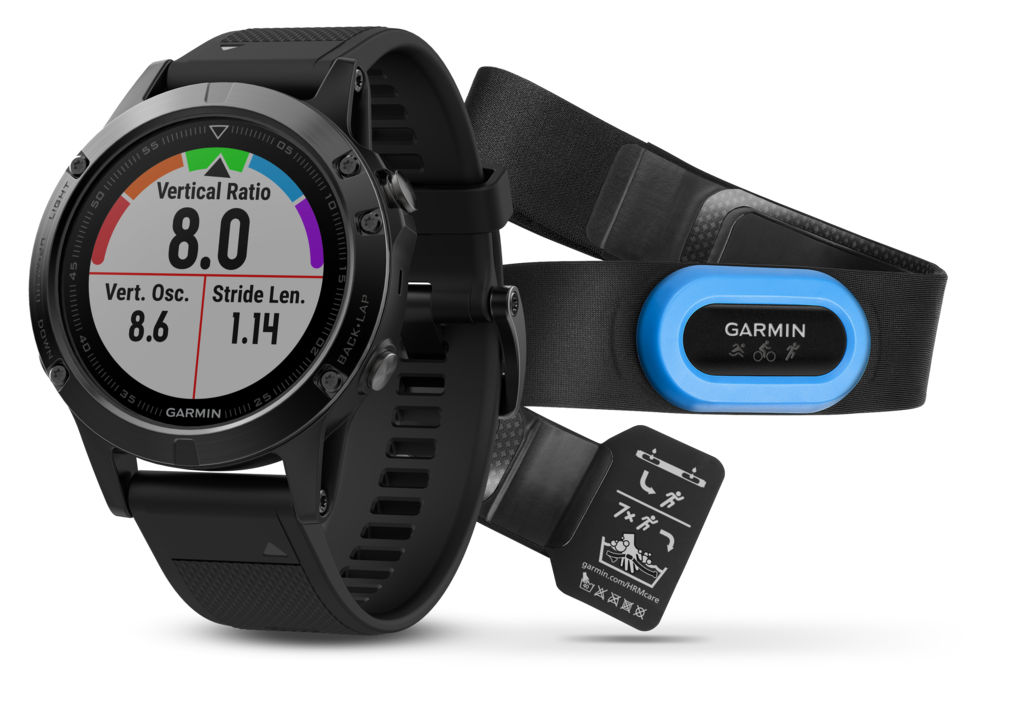 2-item Garmin Fenix 5 Sapphire Bundle: black smartwatch with black band and blue Garmin chest strap