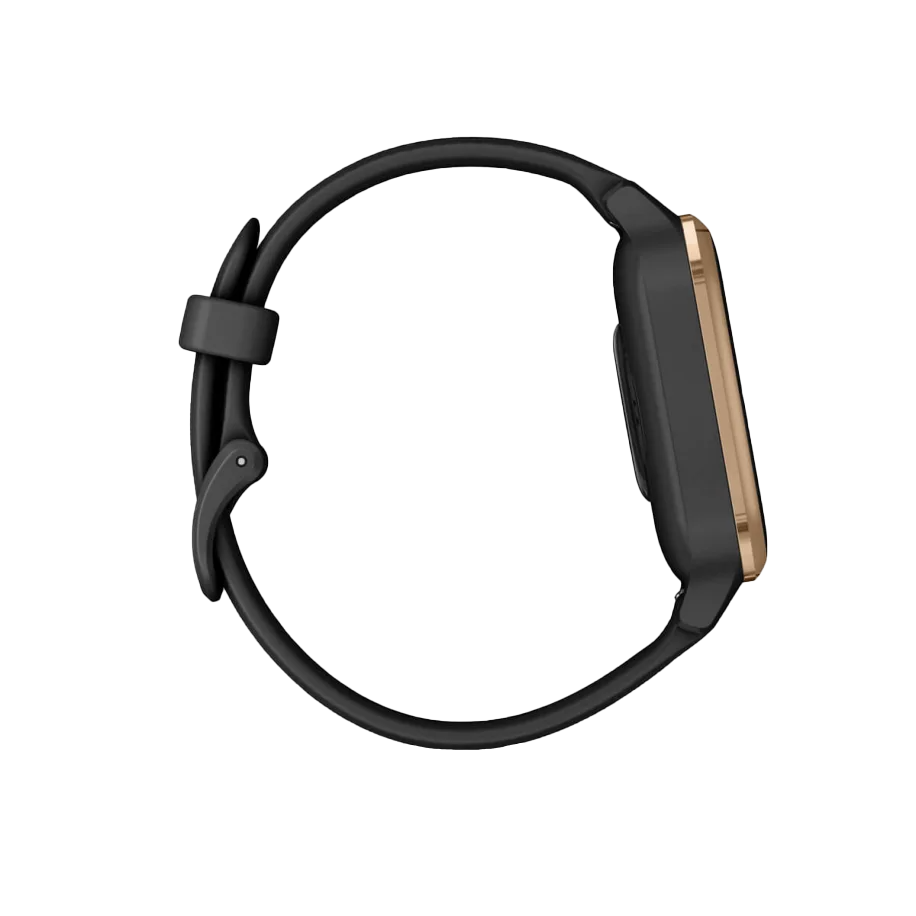 Garmin Venu Sq Music smartwatch with rose-gold aluminum bezel, black case and silicone band