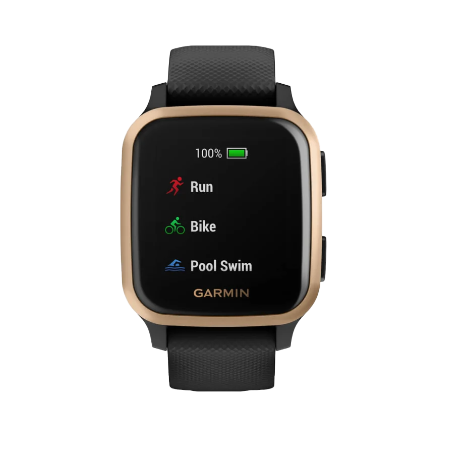 Garmin Venu Sq Music smartwatch, rose-gold aluminum bezel with black silicone band