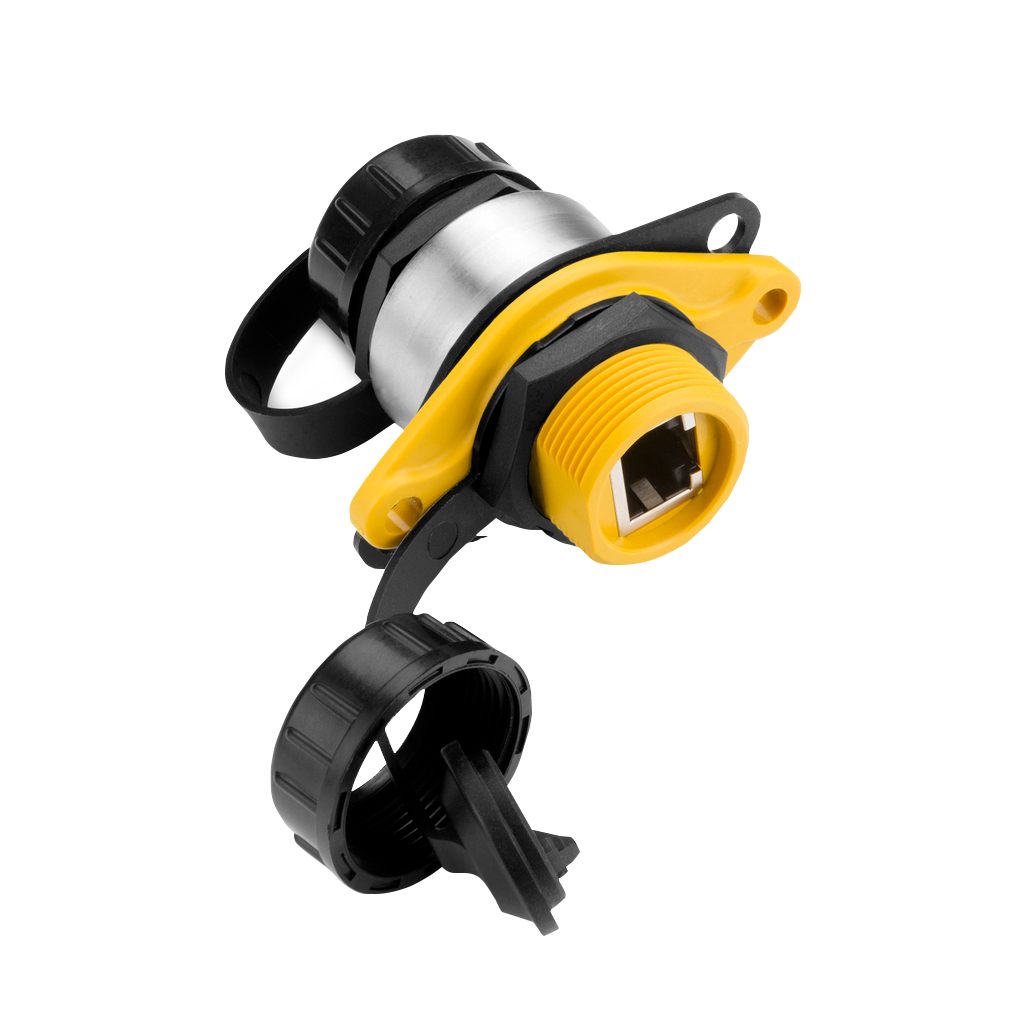 Marine network PoE isolation coupler with yellow threaded connector and black mounting ring
