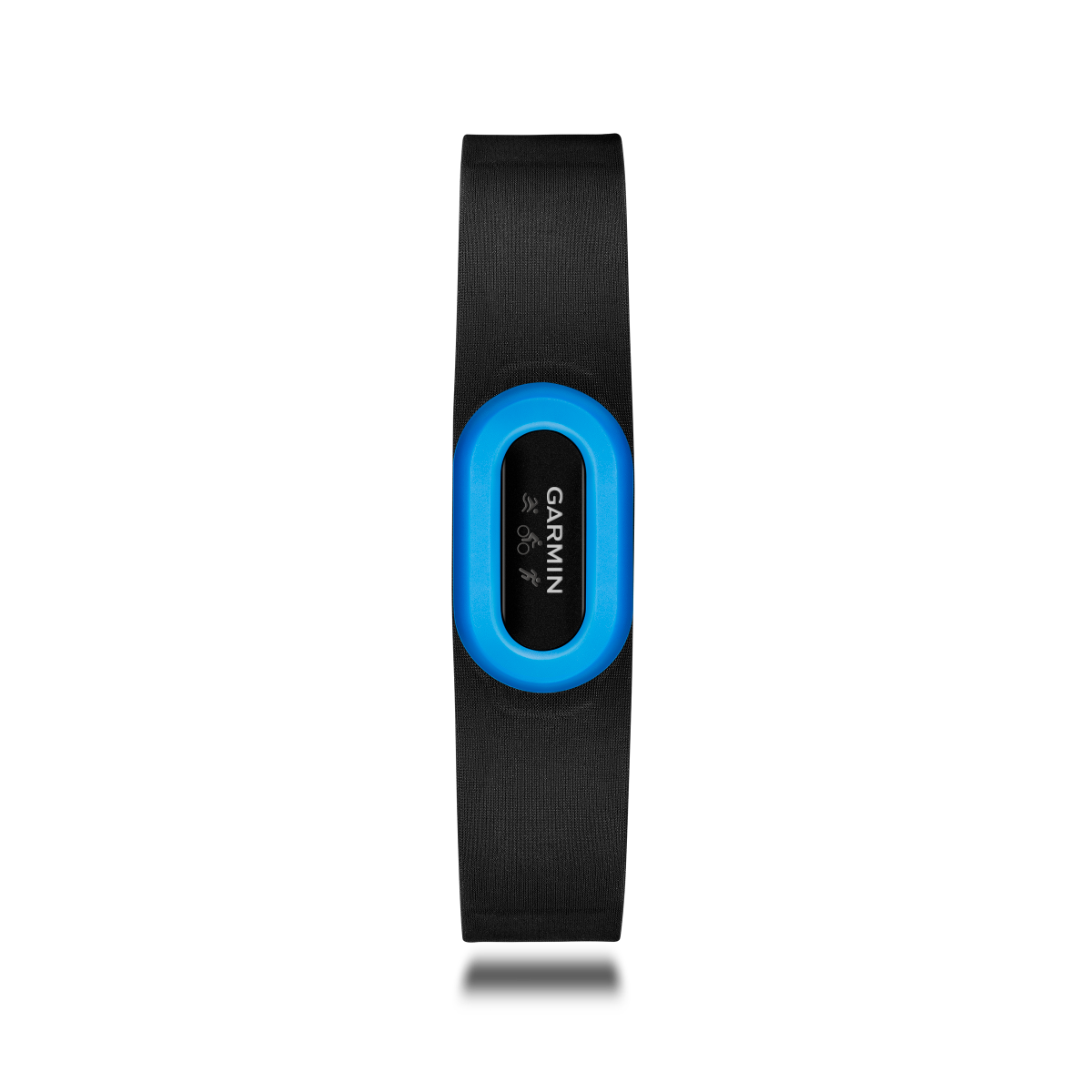 Garmin HRM-Tri heart rate monitor strap with blue oval sensor plate on black strap.