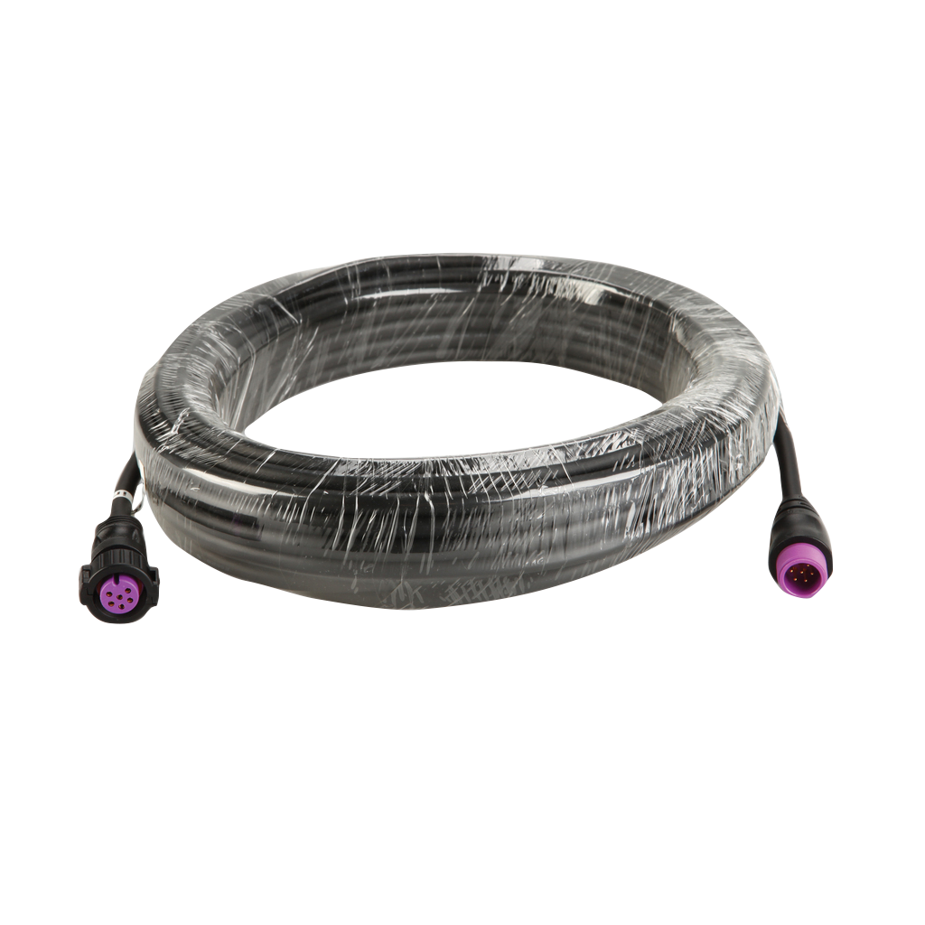 Garmin Threaded-Collar CCU Extension Cable, 25m; coiled black cable with purple round connectors