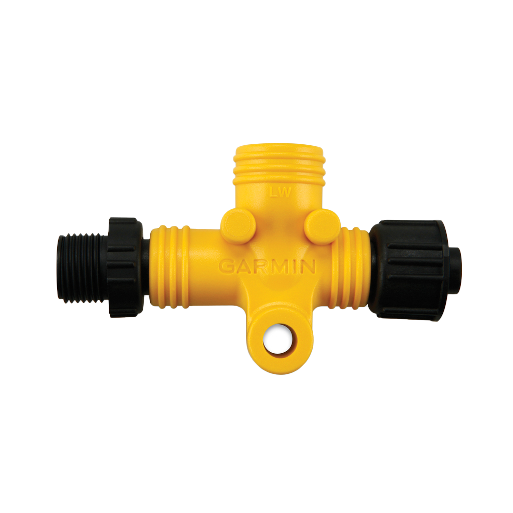Garmin NMEA 2000 Power Isolator, yellow plastic T-fitting with black end caps and mounting hole