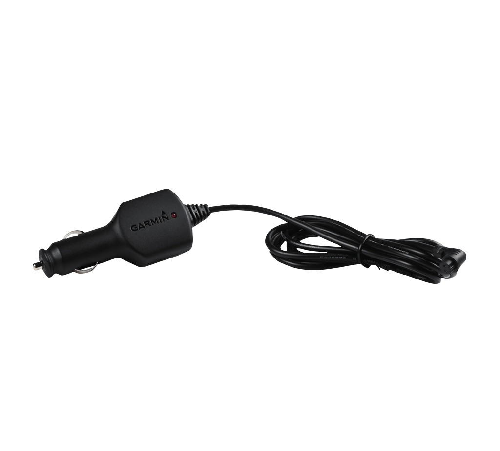 Garmin vehicle power cable, black car charger with Garmin branding and long coiled cord.