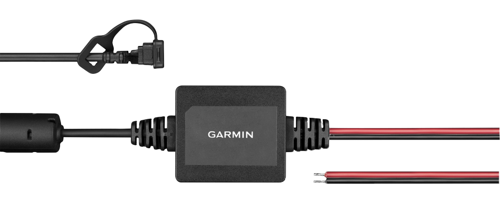Garmin motorcycle power cable for Zumo; black inline power adapter with Garmin logo and red/black leads