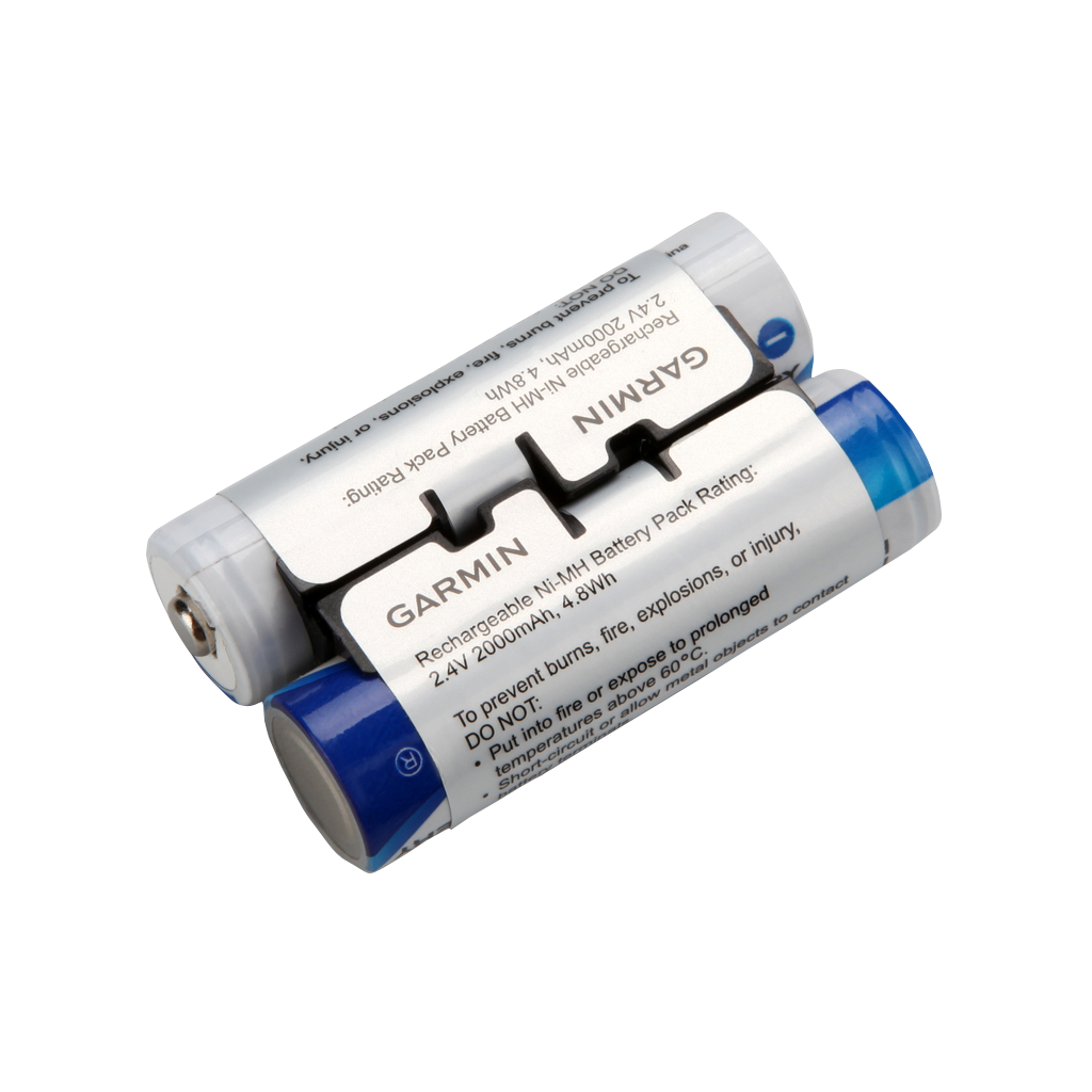 Garmin rechargeable NiMH battery pack (010-11874-00); two cylindrical cells with blue ends.