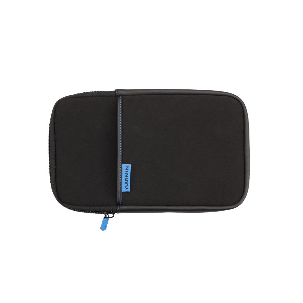 Garmin universal 7-inch carrying case, black with blue zipper pull and Garmin tag