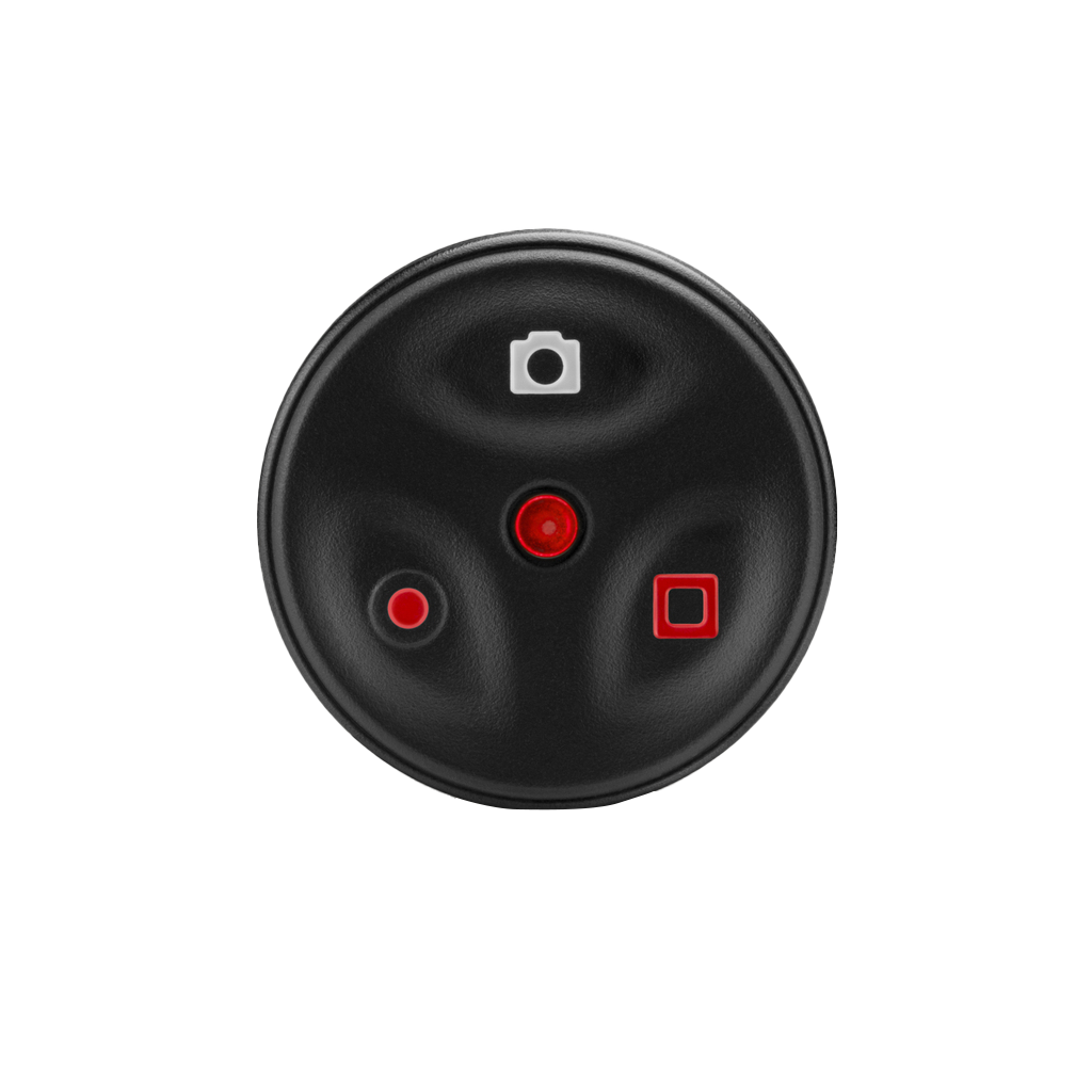 Garmin VIRB Remote, circular black camera remote with white top button and three red controls