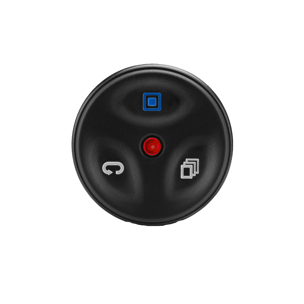 Garmin Edge Remote Control, round black device with blue square top and red center LED