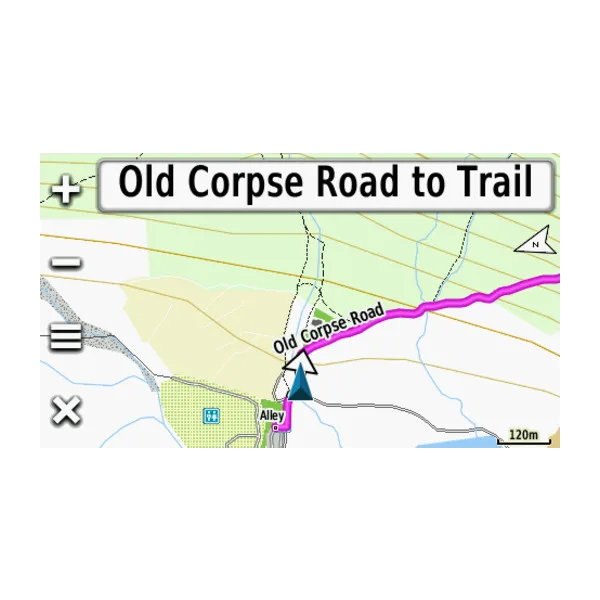 Garmin TOPO U.K. & Ireland v11 Light map screen showing Old Corpse Road to Trail route with pink path and blue GPS arrow
