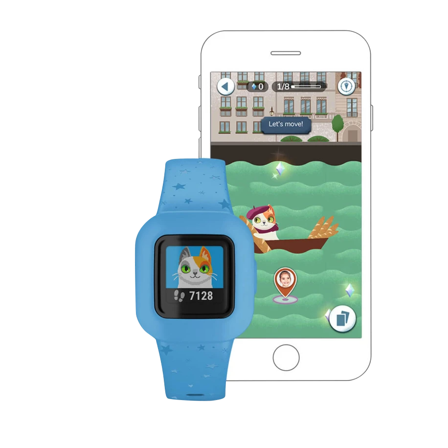One Garmin vivofit jr 3 blue star smartwatch and a smartphone, certified refurbished