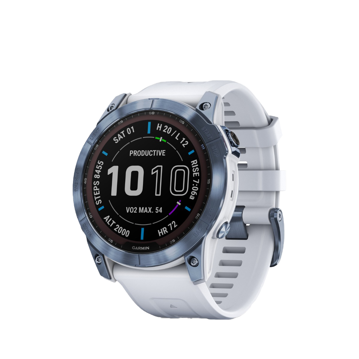 Garmin Fenix 7x Sapphire Solar smartwatch with Mineral Blue DLC titanium bezel and white Whitestone band.