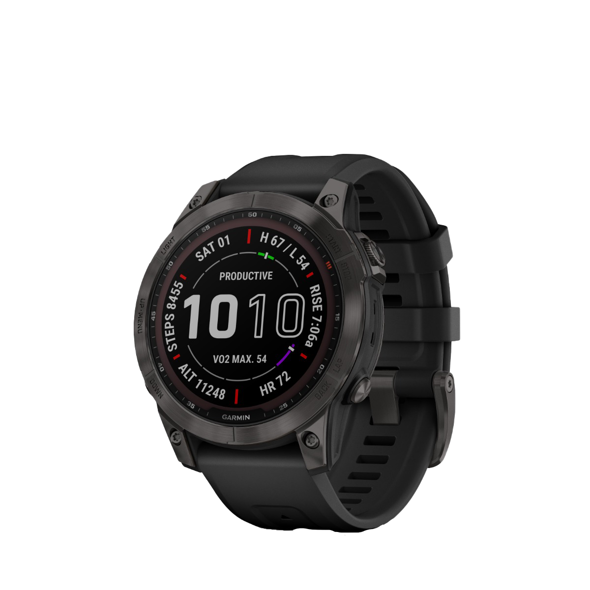 Garmin fenix 7 Sapphire Solar smartwatch with carbon-gray DLC titanium case and black band