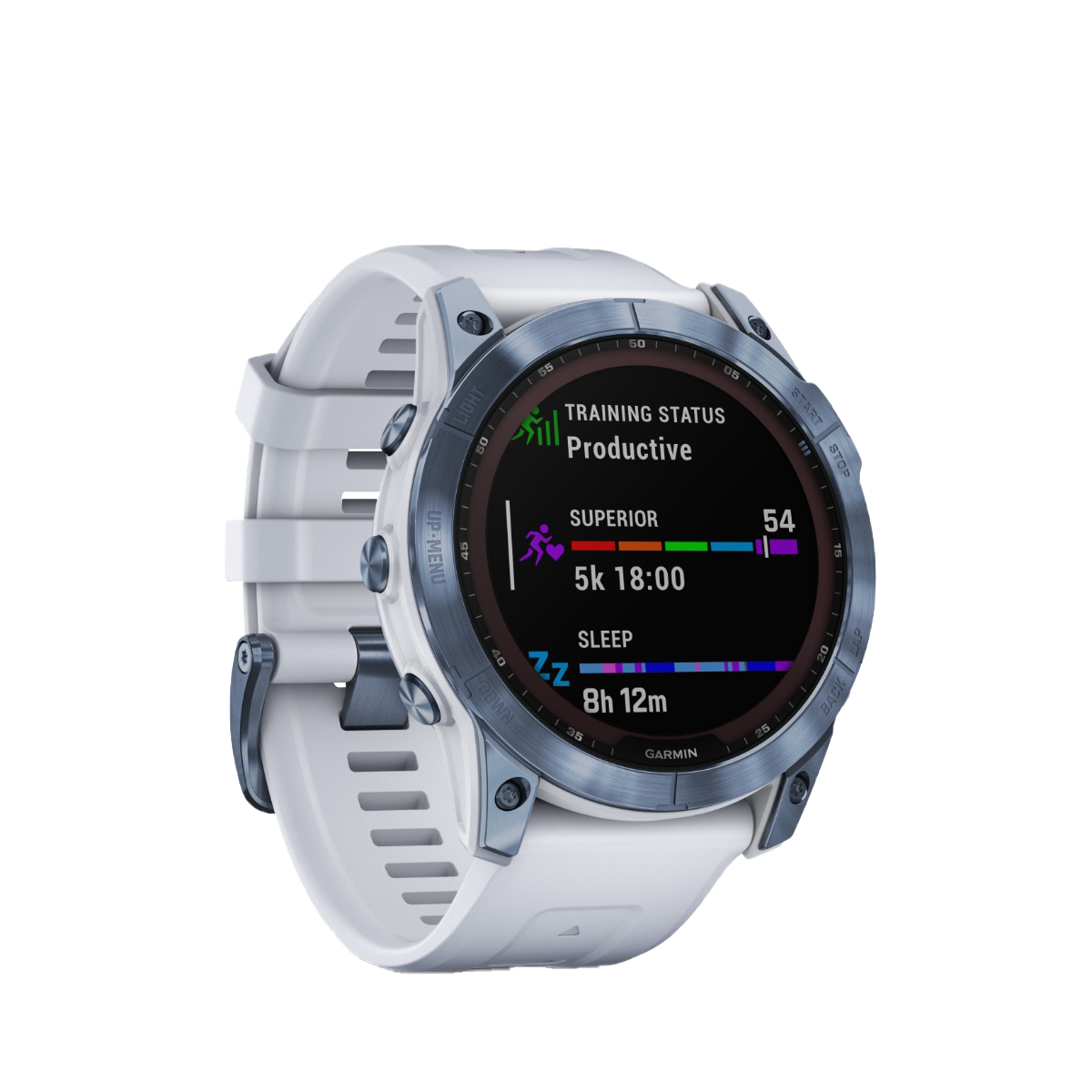Garmin Fenix 7x Sapphire Solar smart watch with Mineral Blue DLC Titanium bezel and Whitestone band