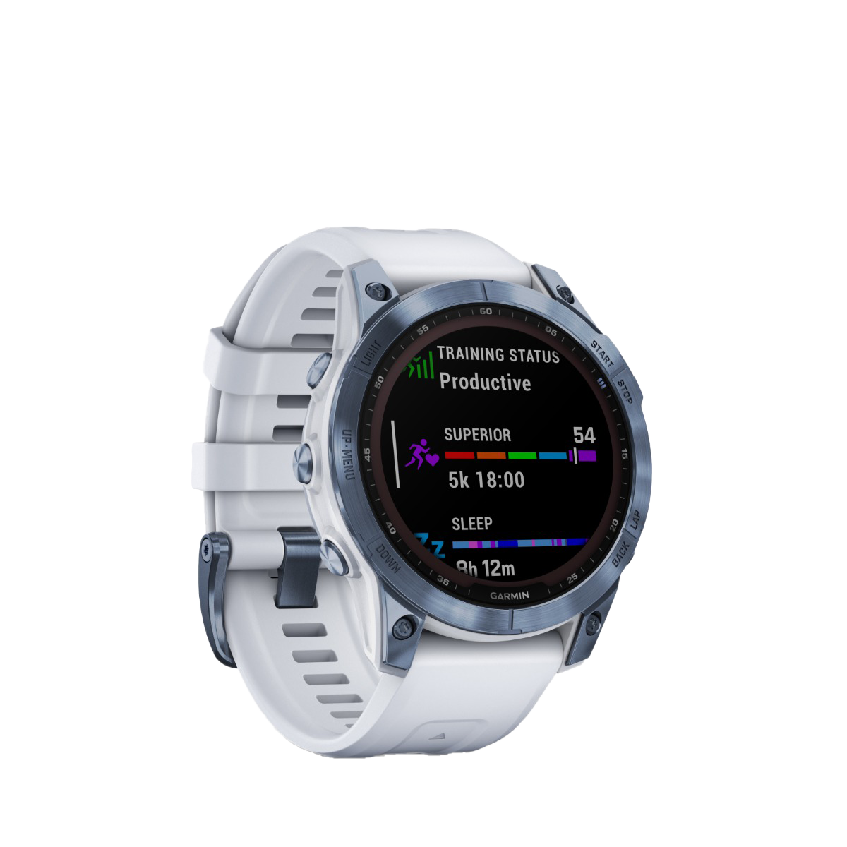 Garmin fenix 7 Sapphire Solar smartwatch with mineral blue DLC titanium bezel and Whitestone band.