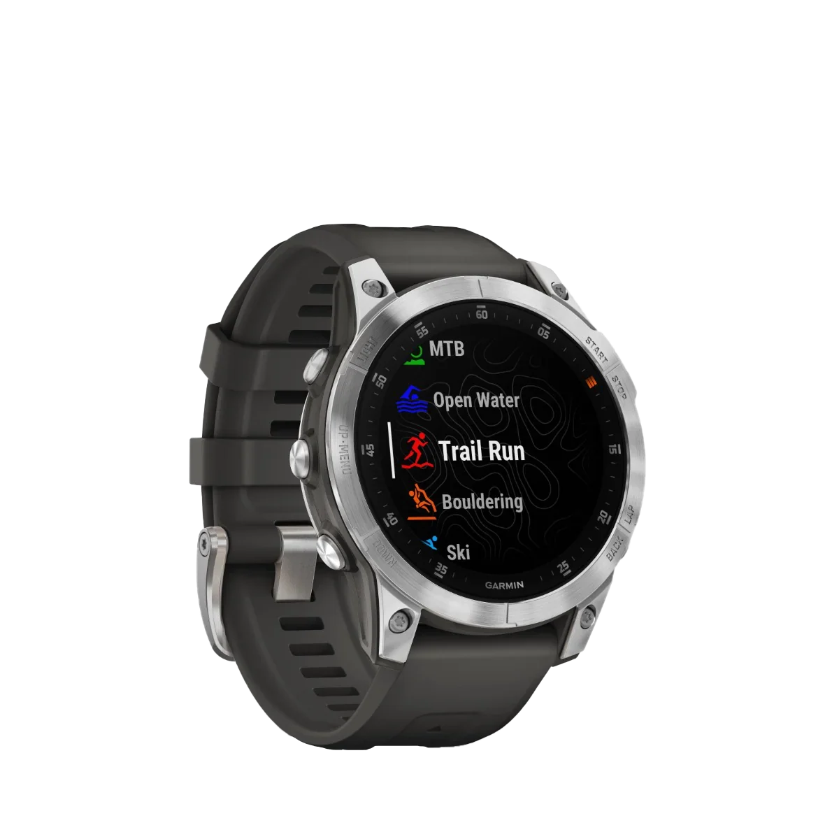 Garmin Epix Gen 2 smartwatch, slate steel case with dark silicone strap, GPS maps