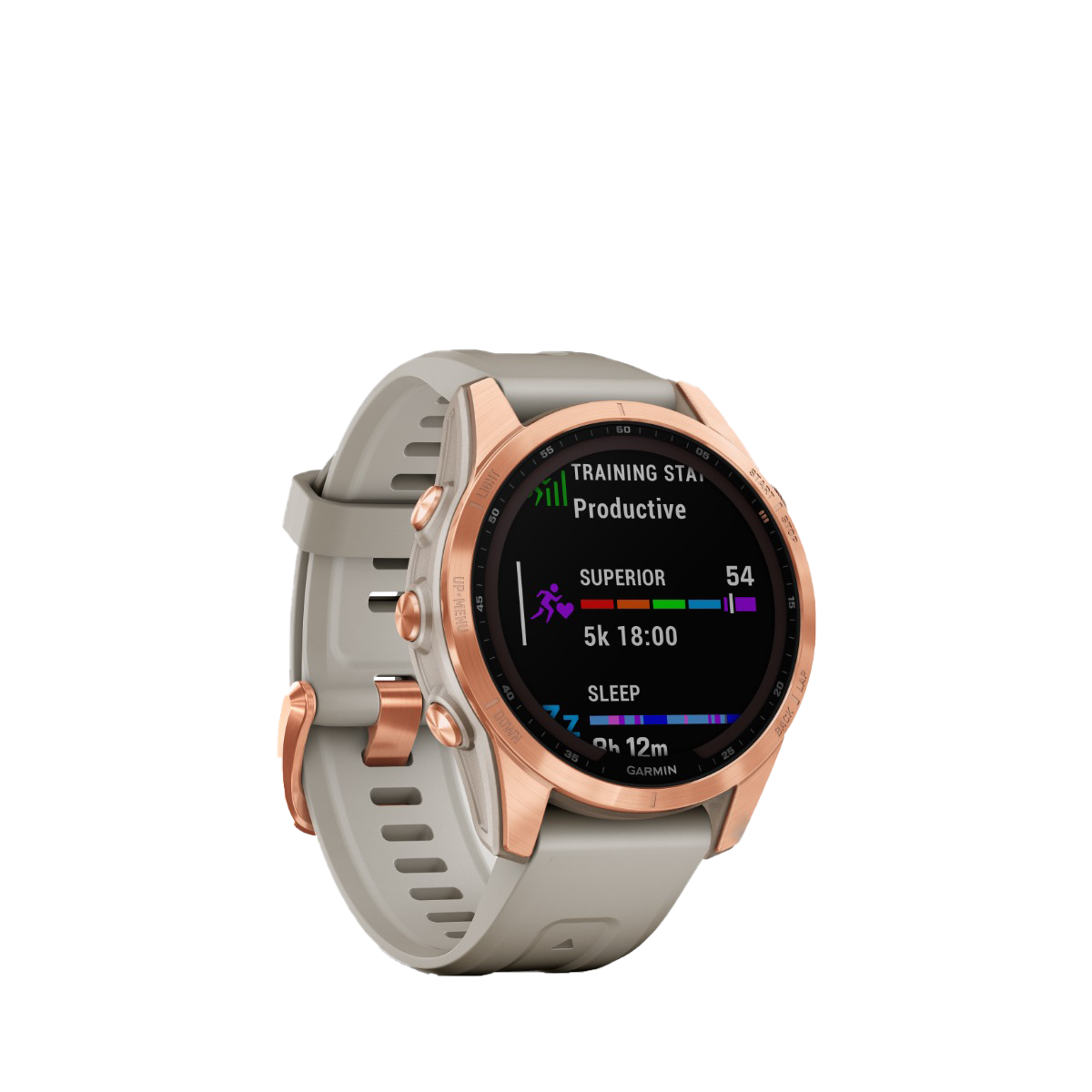 Garmin fenix 7S Solar refurbished watch with rose-gold bezel and light-sand band.
