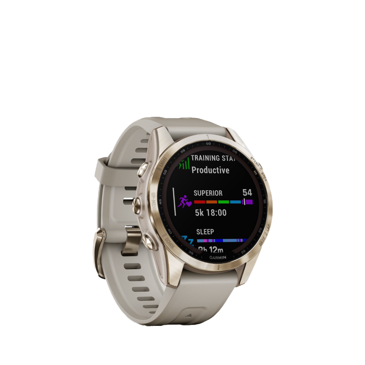 Garmin fenix 7S Sapphire Solar smart watch with cream gold titanium case and light sand band