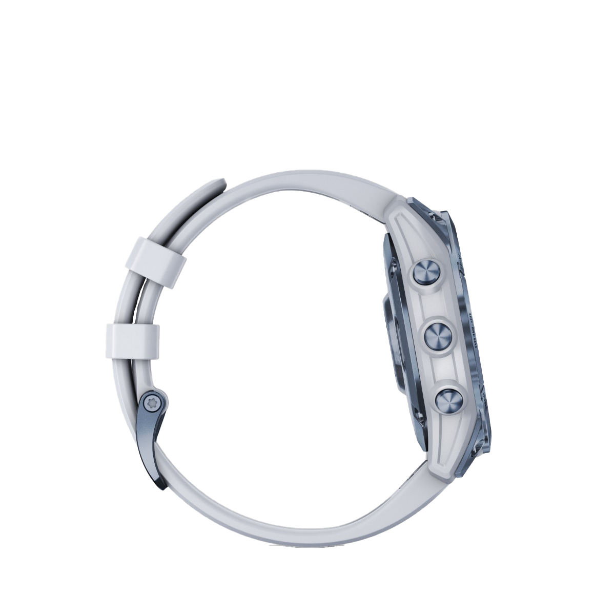 Garmin fenix 7 Sapphire Solar smartwatch with Mineral Blue DLC Titanium case and Whitestone band.