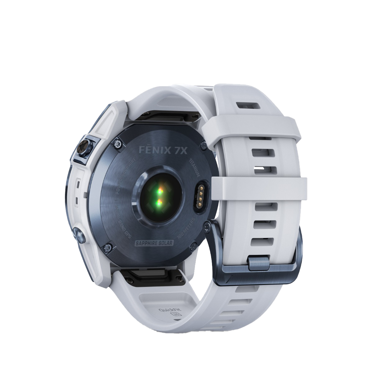 Garmin Fenix 7X Sapphire Solar smartwatch with blue titanium DLC back and white Whitestone band.