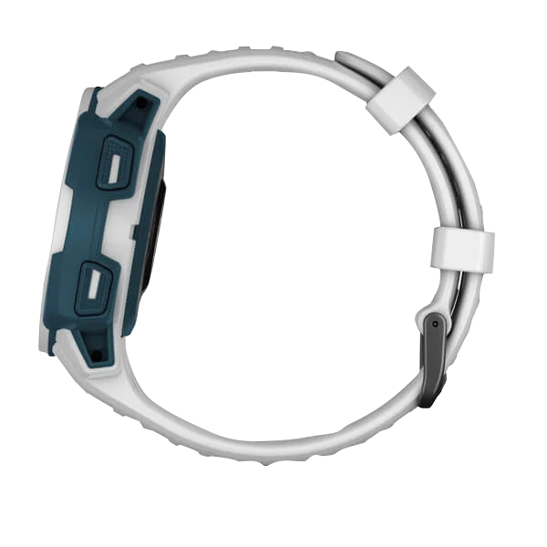 Garmin Instinct Solar Surf Edition watch with white strap and teal protective bezel