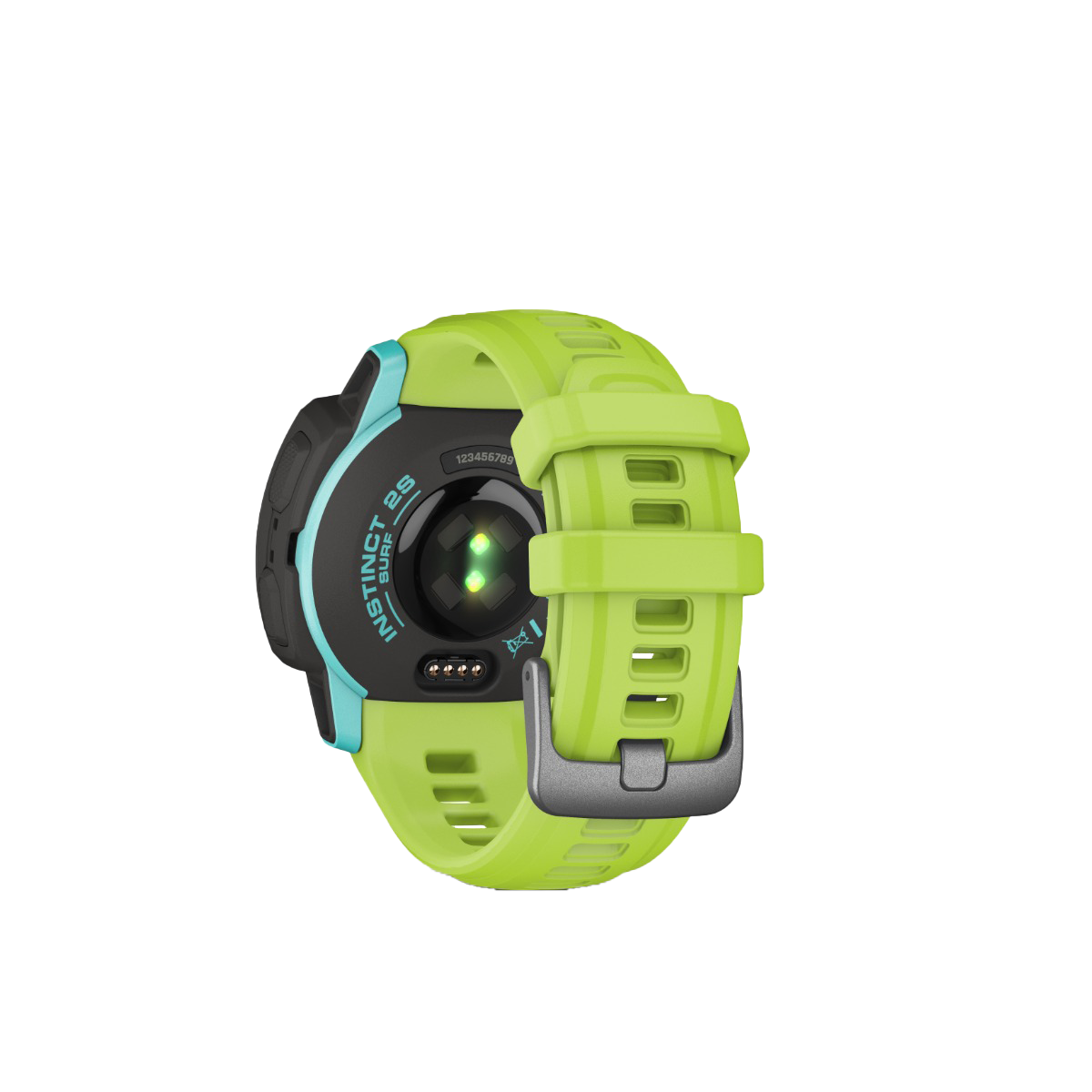 Garmin Instinct 2S Surf Edition Waikiki smartwatch with lime-green band and turquoise accents