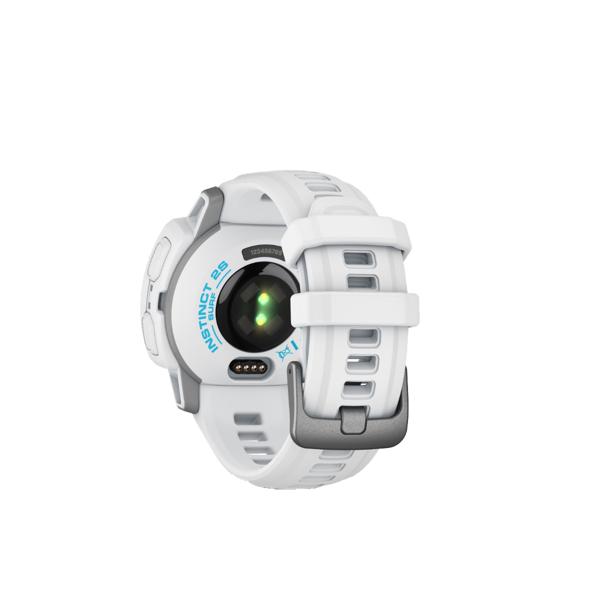 Garmin Instinct 2S Solar Surf Edition smartwatch, white band with blue accents, back view