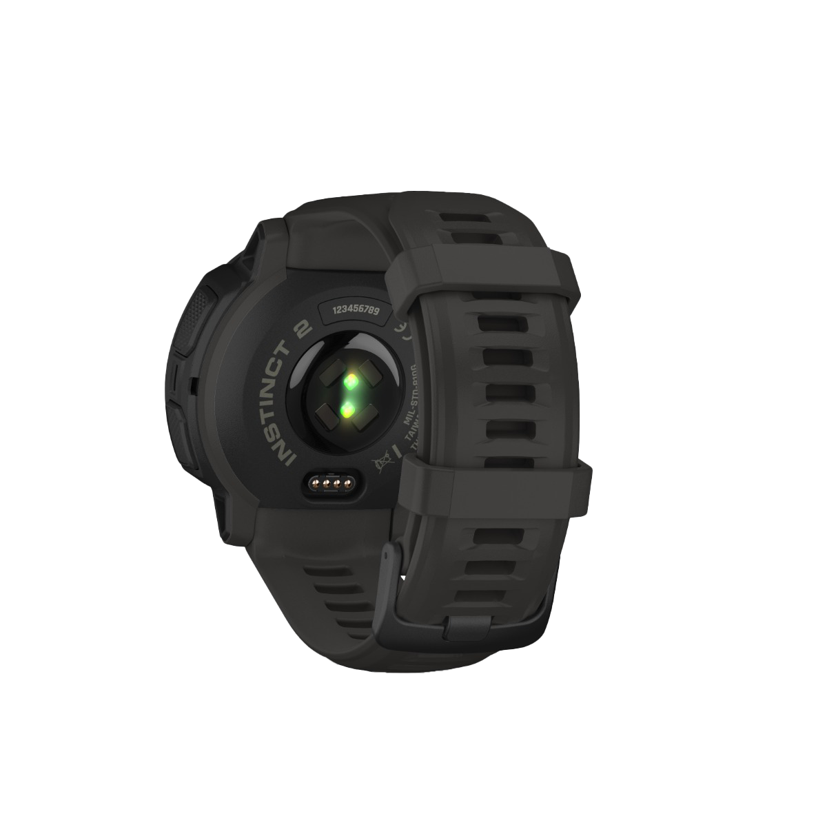 Garmin Instinct 2 Solar smart watch, Graphite, back view with green sensor LEDs