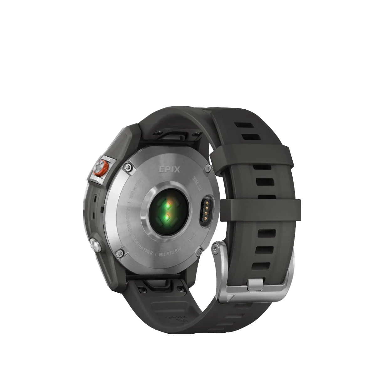 Garmin Epix Gen 2 smartwatch in slate steel with gray silicone strap, rear heart-rate sensor visible