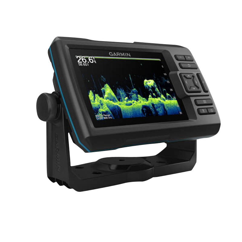 Garmin STRIKER Vivid 5cv fish finder with GT20-TM transducer on mounting bracket