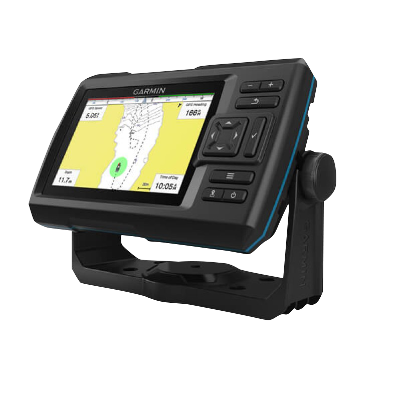 Garmin STRIKER Vivid 5cv fishfinder with GT20-TM transducer on mounting cradle