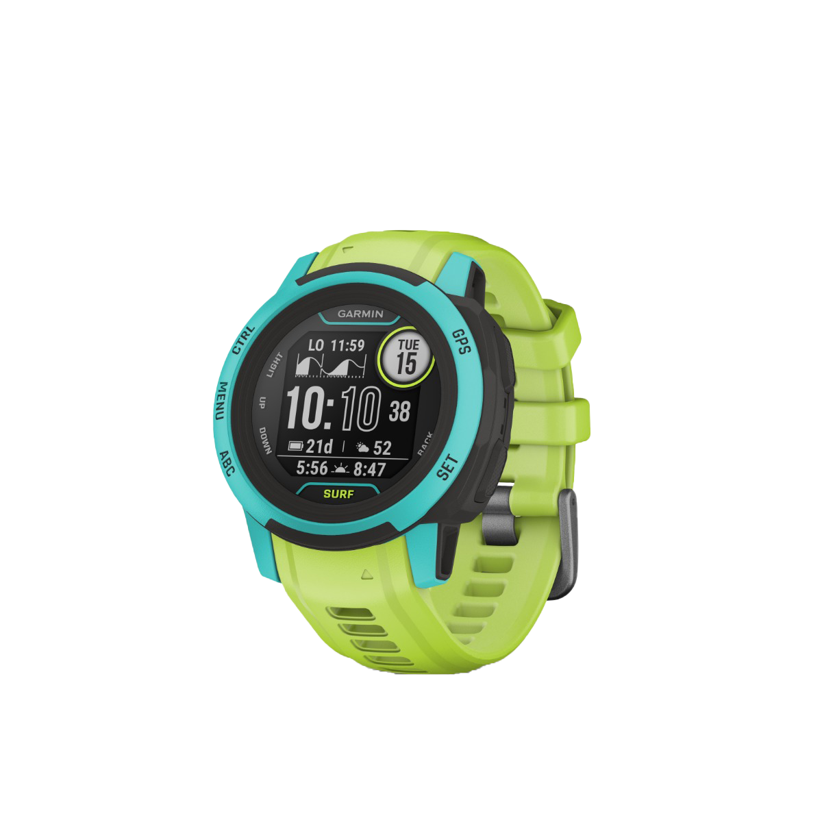 Garmin Instinct 2S Surf Edition smartwatch in Waikiki lime with teal bezel