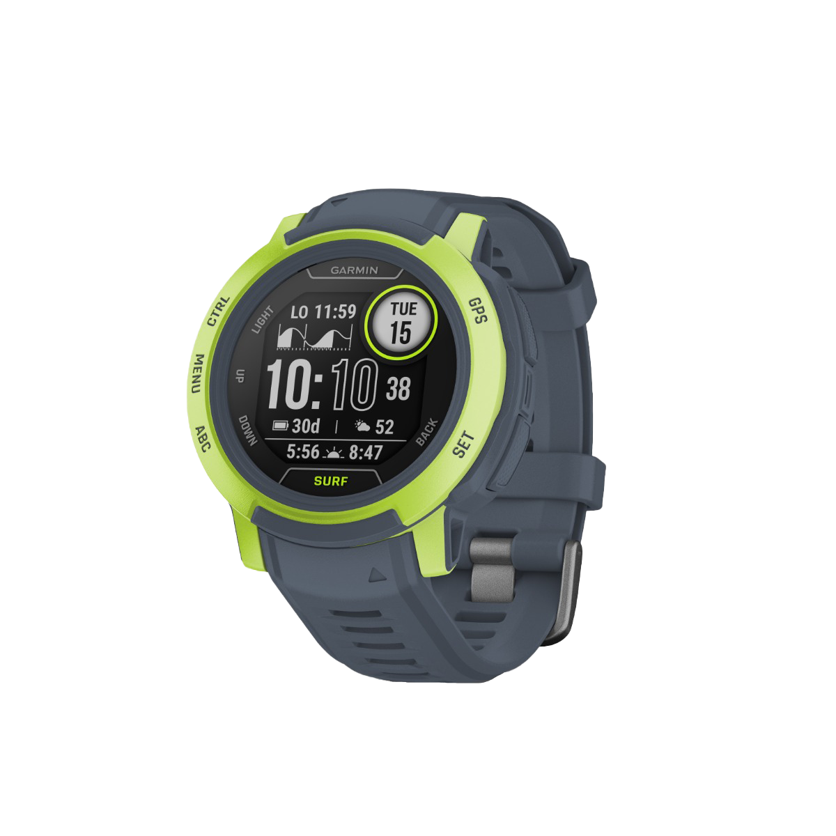 Garmin Instinct 2 Surf Edition Mavericks smartwatch with neon lime bezel and blue strap