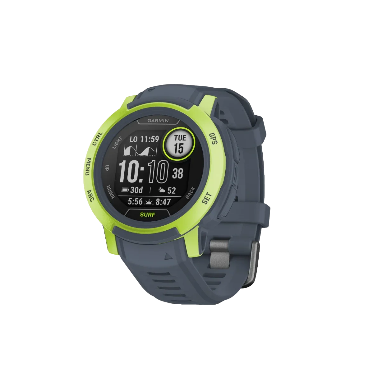 Garmin Instinct 2 Surf Edition Mavericks smartwatch with neon lime bezel and blue strap