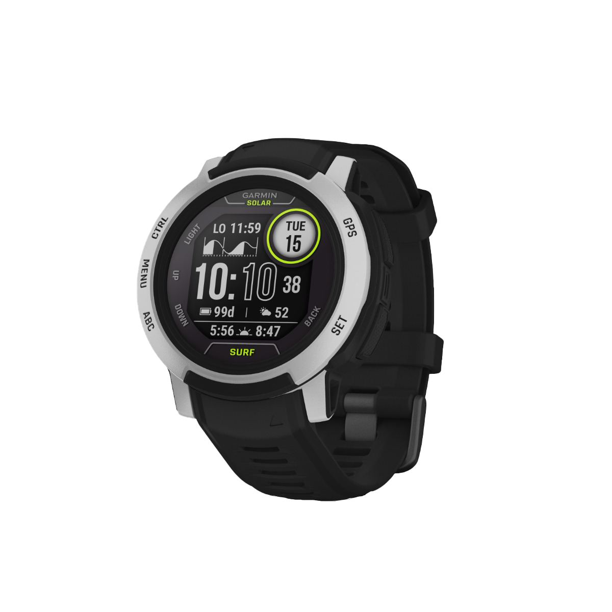 Garmin Instinct 2 Solar Surf Edition Bells Beach smartwatch with black band and silver bezel