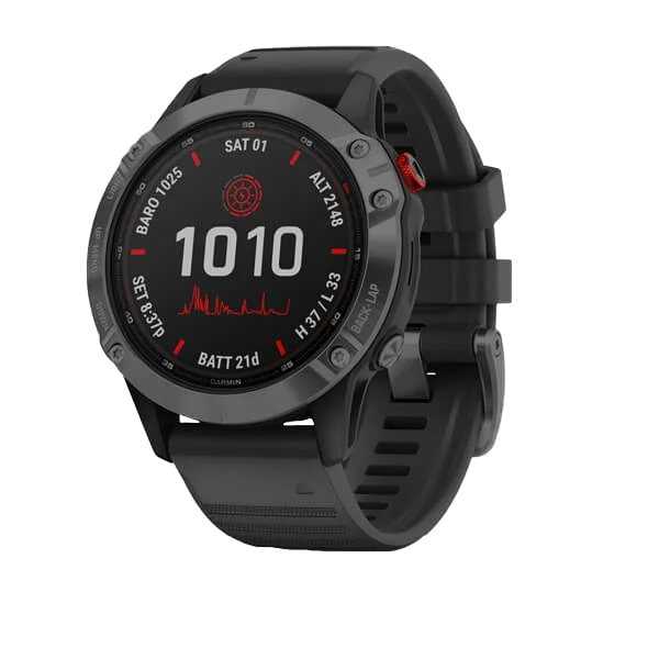 Garmin Fenix 6 Pro Solar smartwatch with slate gray case and black band