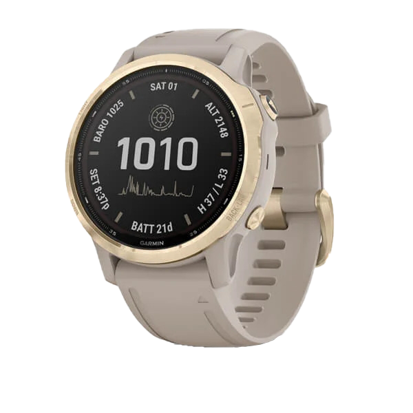 Garmin Fenix 6S Pro Solar smartwatch with light gold bezel and light sand band