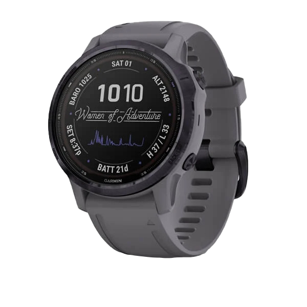 Garmin Fenix 6S Pro Solar smartwatch with amethyst steel case and shale gray band.