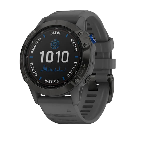 Garmin Fenix 6 Pro Solar smartwatch, black case with slate-gray band