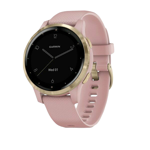 Garmin Vivoactive 4S GPS smartwatch, light gold case with Dust Rose silicone band, Garmin Certified Refurbished