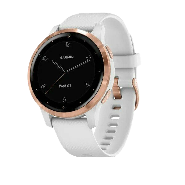 Garmin Vivoactive 4S GPS Smartwatch with gold bezel and white silicone band, Certified Refurbished