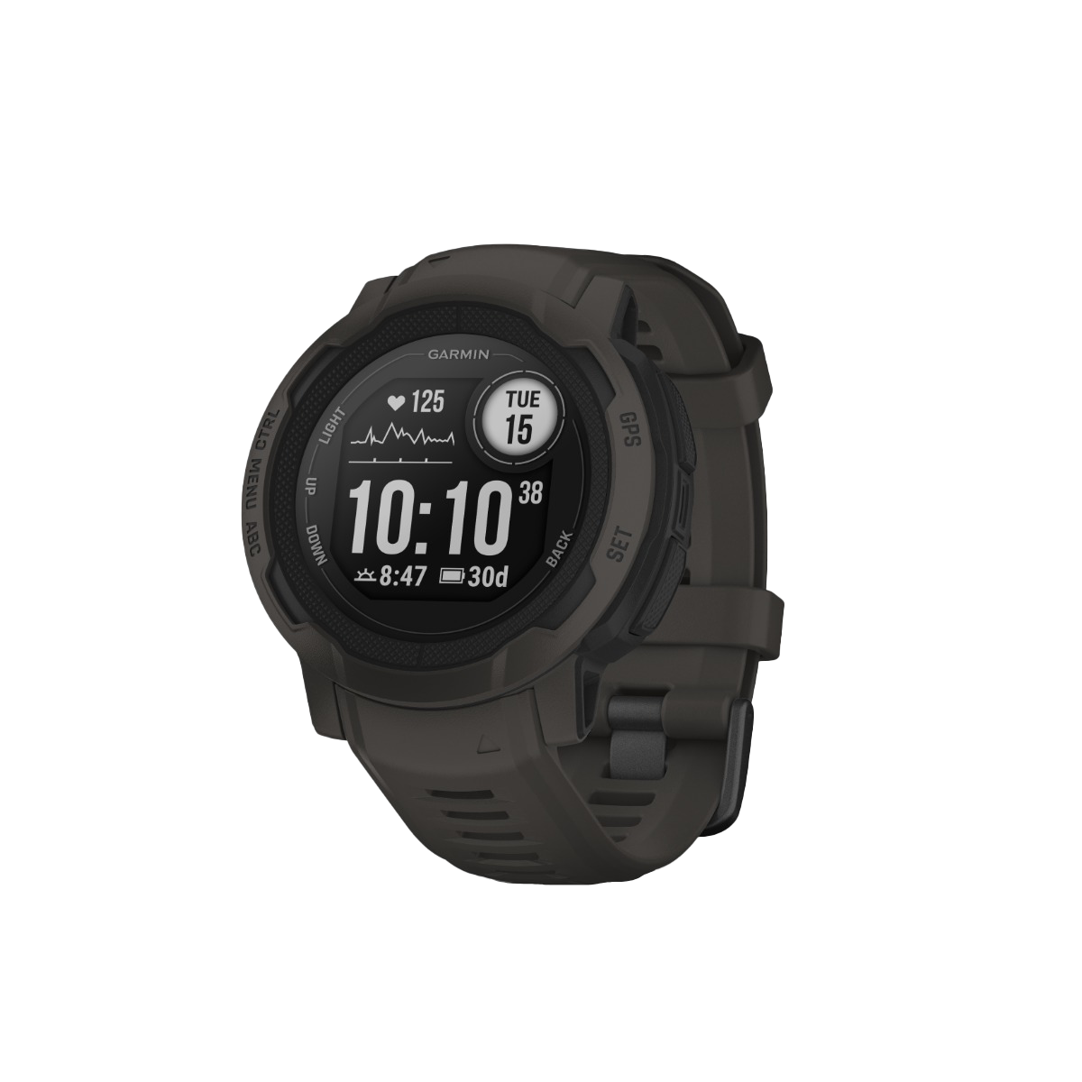 Garmin Instinct 2S graphite smartwatch with rugged bezel and black silicone band