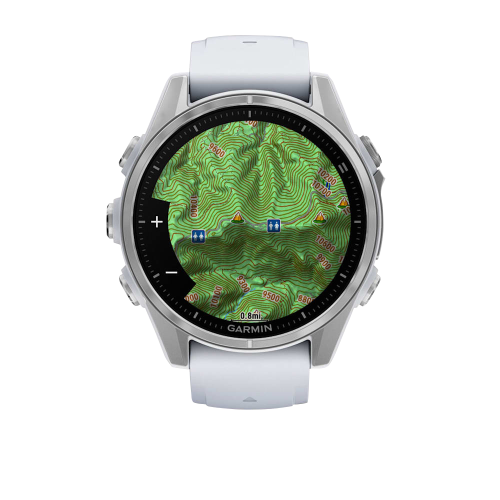 Garmin Fenix 8 smartwatch, 43mm AMOLED display, silver case with Whitestone silicone band