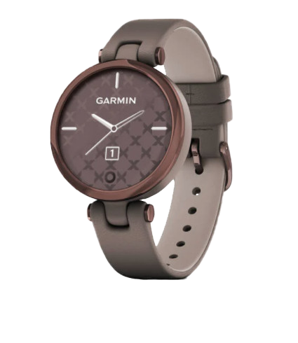 Garmin Lily smart watch with dark bronze bezel, Paloma case and Italian leather band
