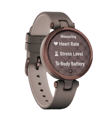 Garmin Lily smartwatch with dark bronze bezel, Paloma case, and Italian leather band