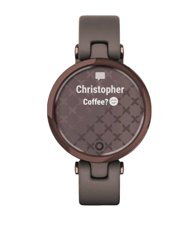 Garmin Lily smartwatch with dark bronze bezel, Paloma case, and Italian leather band